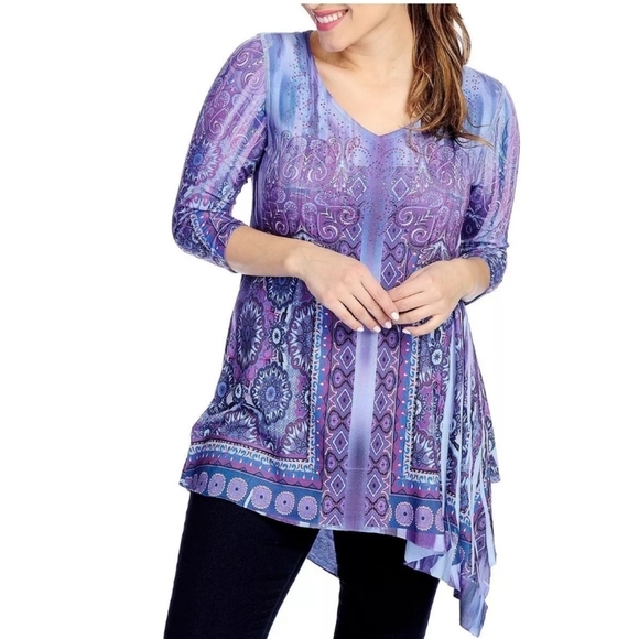 ONE WORLD Printed Knit 3/4 Sleeve Embellished Asymmetrical Tunic in Purple. M - Picture 1 of 16